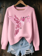 Women's Pink Hummingbird Embroidered Cozy Knit Sweater