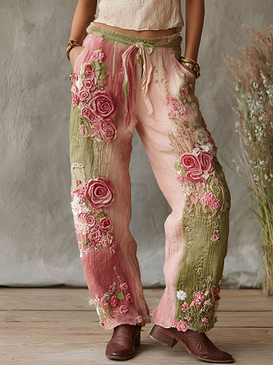 Women's breast cancer pink floral casual pants gracestitchs
