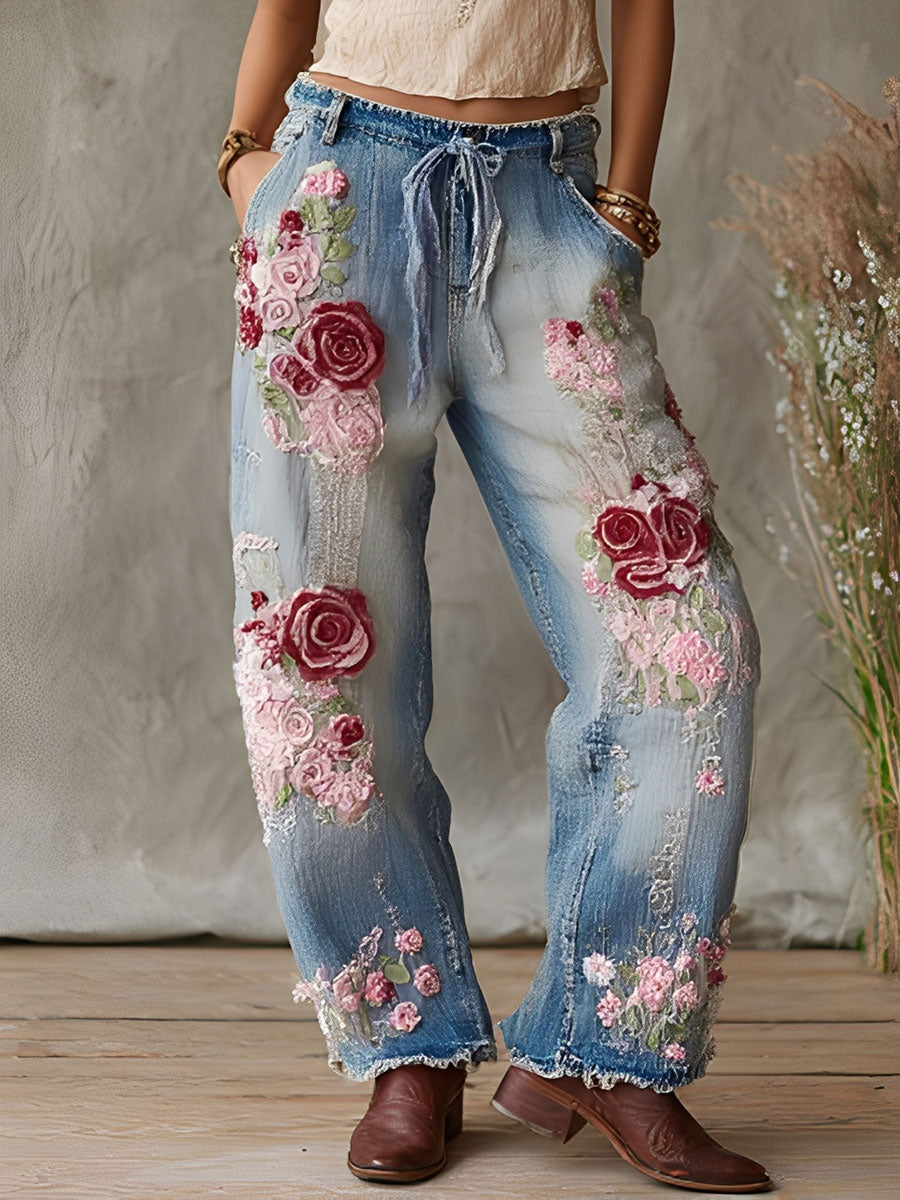 Women's breast cancer pink floral casual pants gracestitchs