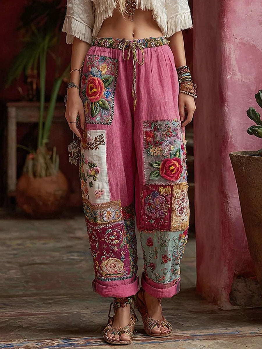 Women's breast cancer pink floral casual pants gracestitchs