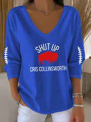 Women's Go Buffalo Football Fans Lovers Gameday Casual V-Neck Long Sleeve T-Shirt