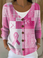 Women's Breast Cancer Awareness Pink Ribbon Print Casual Cardigan