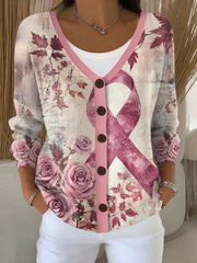 Women's Pink Ribbon Print Casual Cardigan gracestitchs