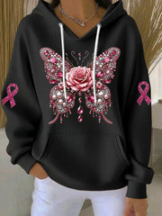 Women's Breast Cancer Awareness Pink Butterfly Print Casual Sweatshirt