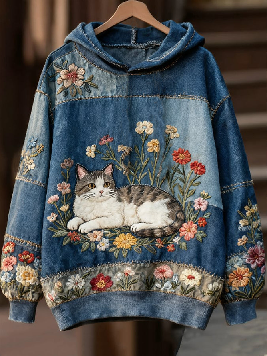 Women's Casual Patchwork Cat Print Hoodie gracestitchs