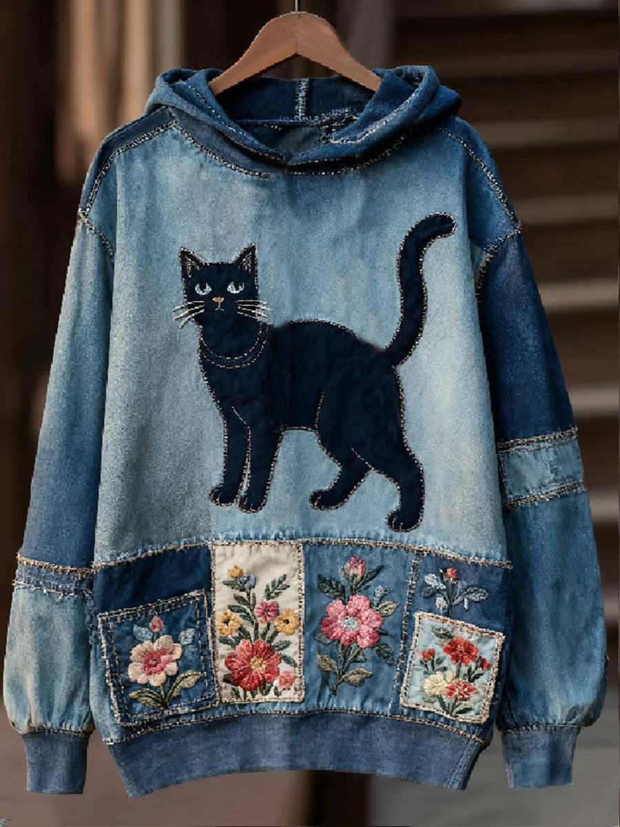 Women's Casual Patchwork Cat Print Hoodie gracestitchs