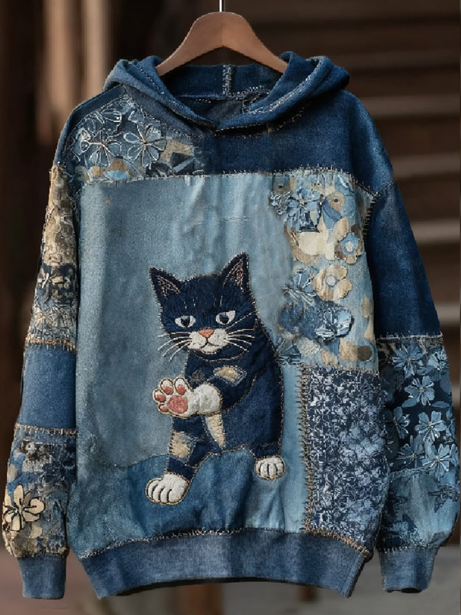 Women's Casual Patchwork Cat Print Hoodie gracestitchs