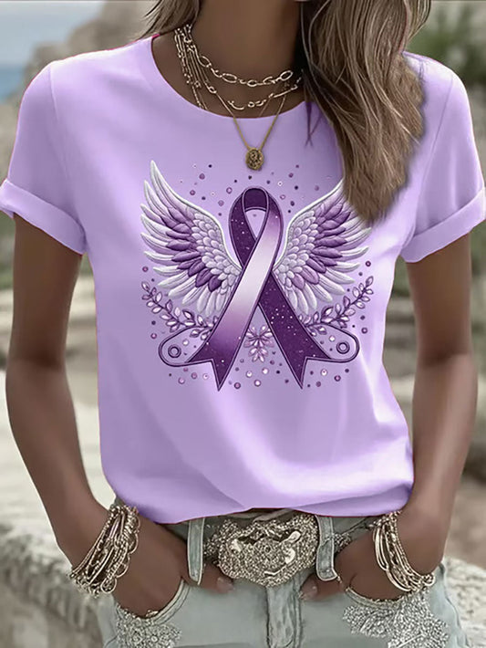 Women's Purple Ribbon Print Casual T-shirt gracestitchs