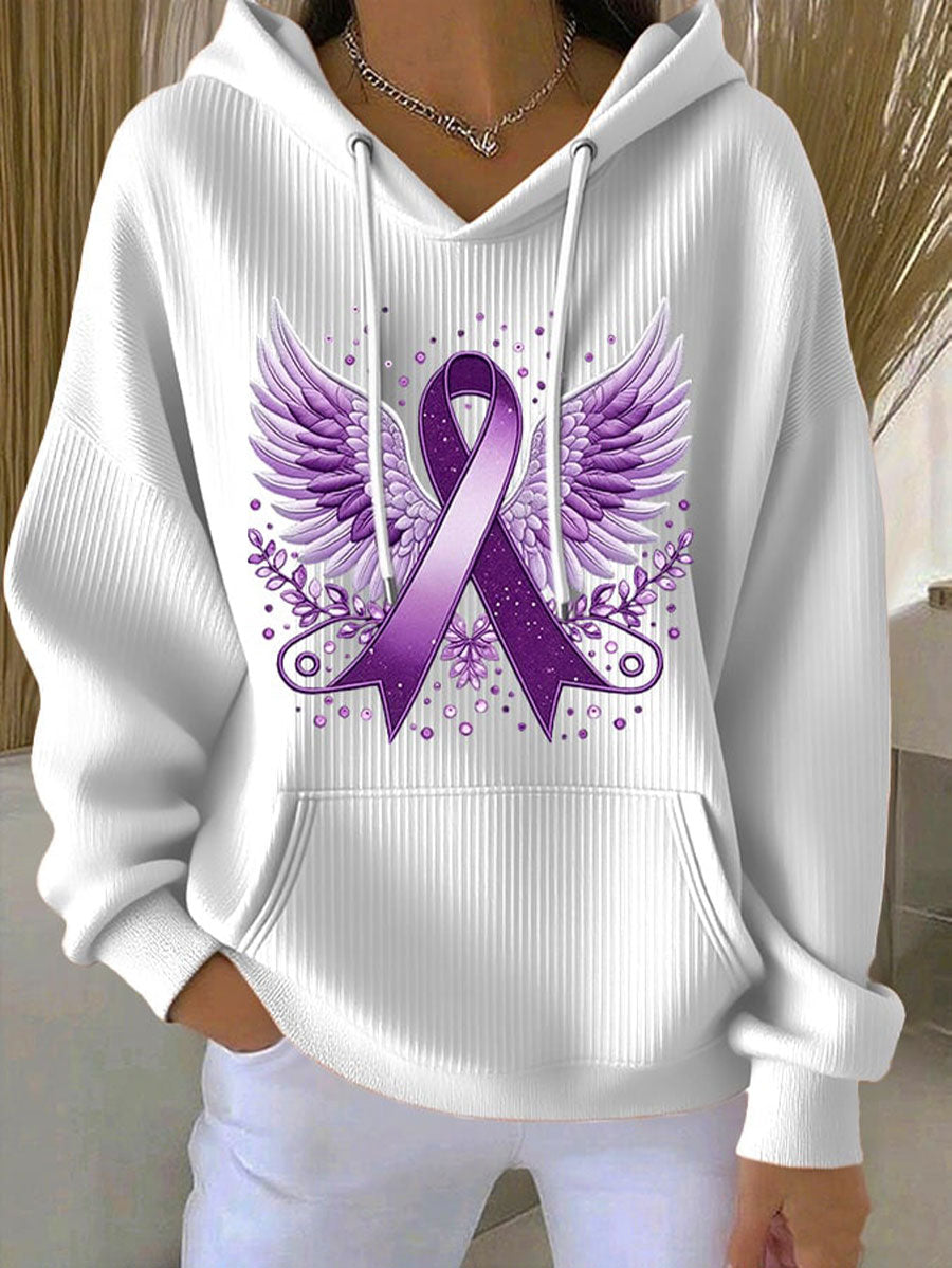 Women's Purple Ribbon Print Casual Hoodie gracestitchs