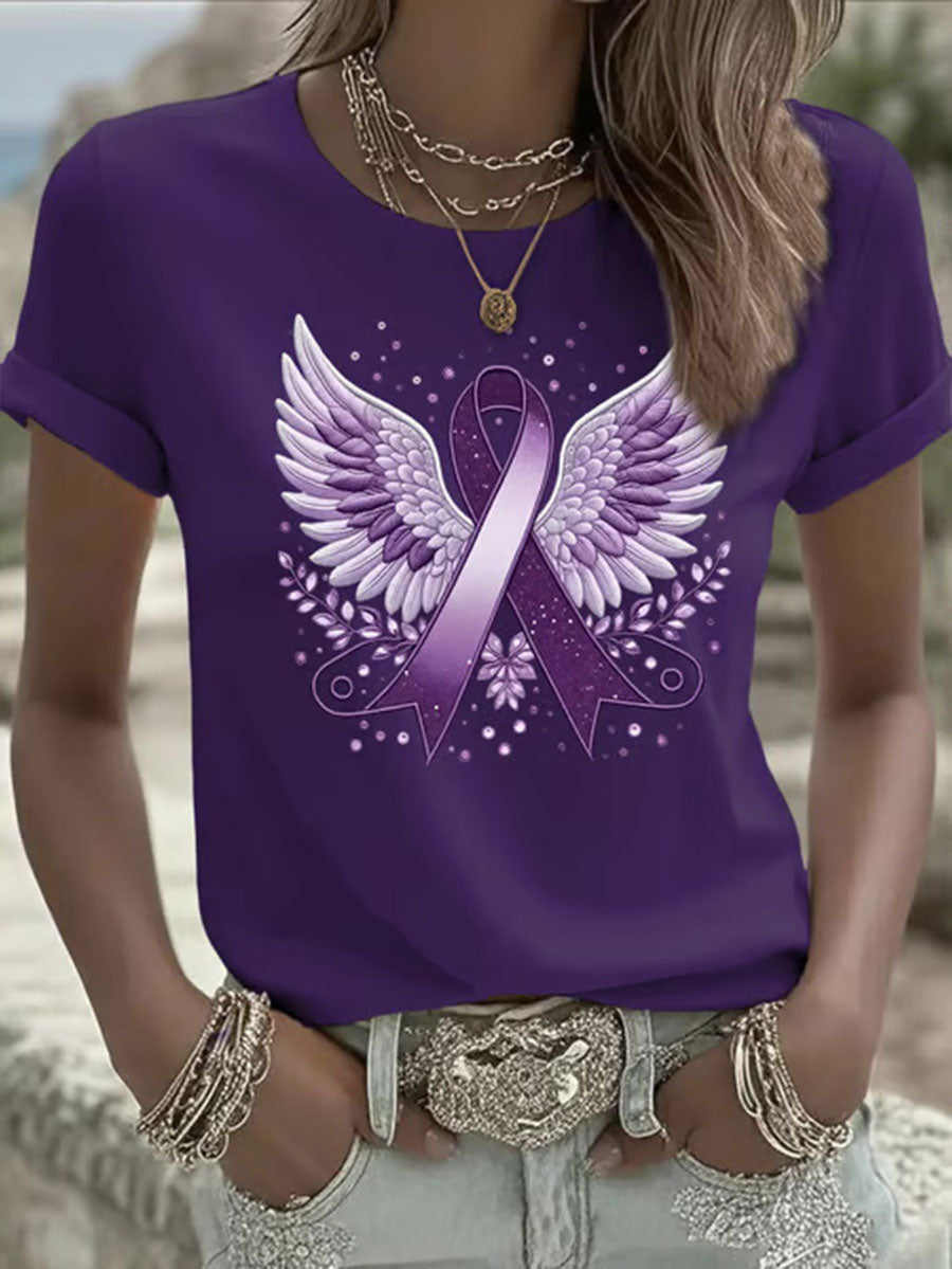 Women's Purple Ribbon Print Casual T-shirt gracestitchs