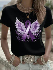 Women's Purple Ribbon Print Casual T-shirt gracestitchs