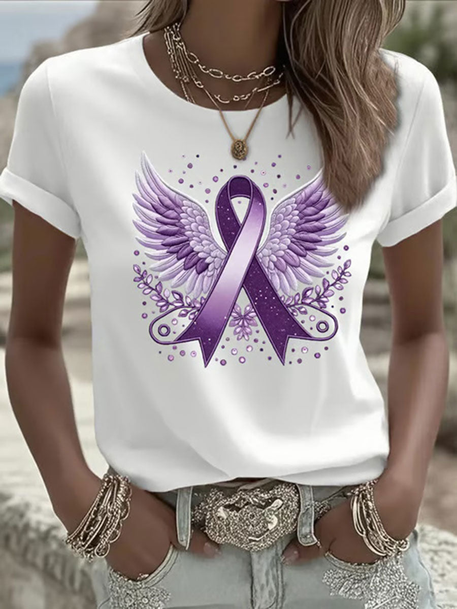 Women's Purple Ribbon Print Casual T-shirt gracestitchs