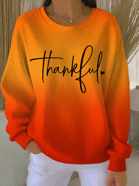 Women's Retro Thanksgiving Thankful Print Round Neck Sweatshirt