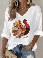 Women's Thanks giving day turkey Printed Waffle T-shirt