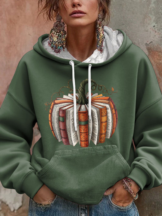 Women's Thanksgiving Autumn Pumpkin Book Lover Printed Hoodie