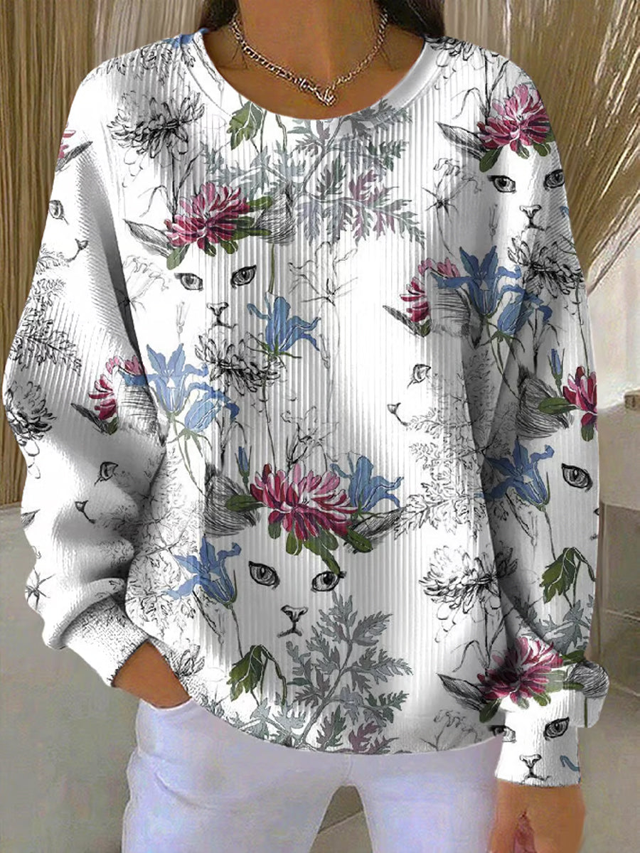 Women's Floral Cat Print Ribbed Round-Neck Sweatshirt gracestitchs