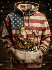 Men's Retro American Flag Christmas Santa Claus Printed Hoodie