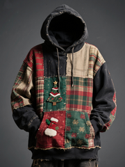 Men's Christmas patchwork Printed Oversized Drop-Shoulder Hoodie with Pockets