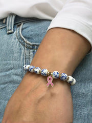 Women's Breast Cancer Blue and White Porcelain Pink Ribbon Bracelet