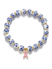 Women's Breast Cancer Blue and White Porcelain Pink Ribbon Bracelet