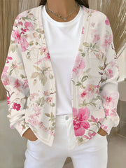 Women's Pink Floral Print Pocket Cardigan gracestitchs