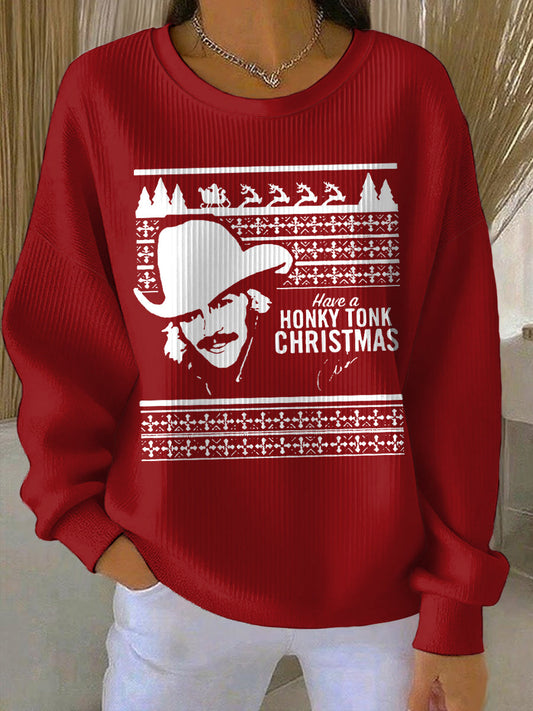 Women's Last Call Country Music Fan Print Ribbed Round-Neck Sweatshirt