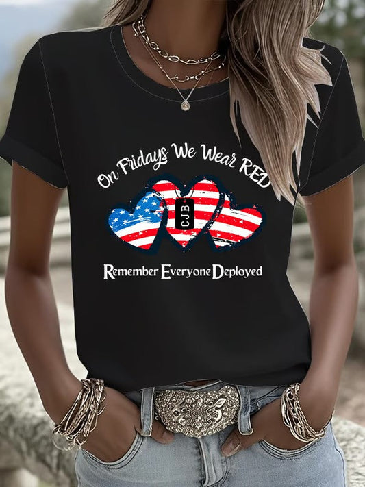 Women's On Fridays We Wear RED Remember Everyone Deployed Print T-shirt