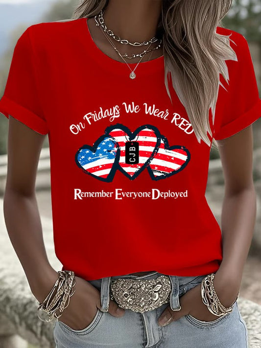 Women's On Fridays We Wear RED Remember Everyone Deployed Print T-shirt