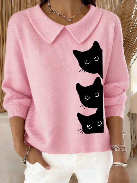 Women's Funny Cat Print Cat Lovers Casual Baby Doll Collar Top gracestitchs