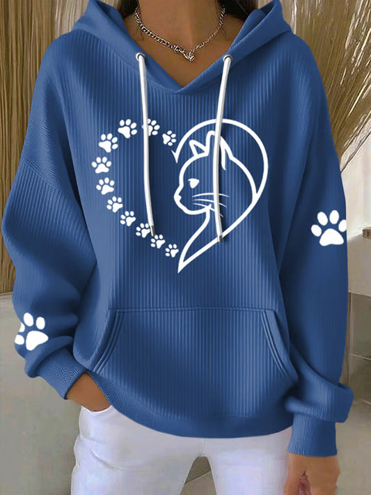 Women's Cute Cat Paws Heart Print Cat Lovers Casual Hoodie gracestitchs