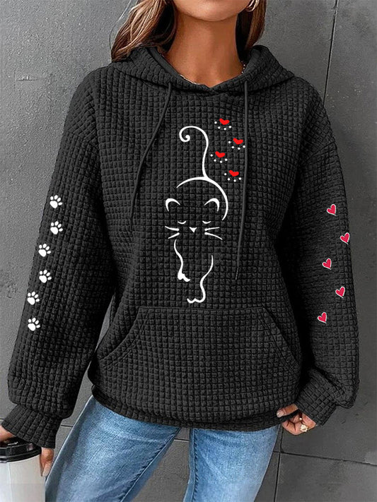 Women's Cute Cat Paw Hearts Print Cat Lovers Casual Waffle Hoodie gracestitchs