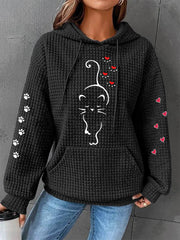 Women's Cute Cat Paw Hearts Print Cat Lovers Casual Waffle Hoodie gracestitchs