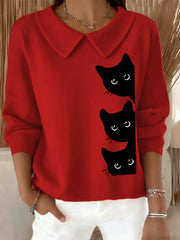 Women's Funny Cat Print Cat Lovers Casual Baby Doll Collar Top gracestitchs