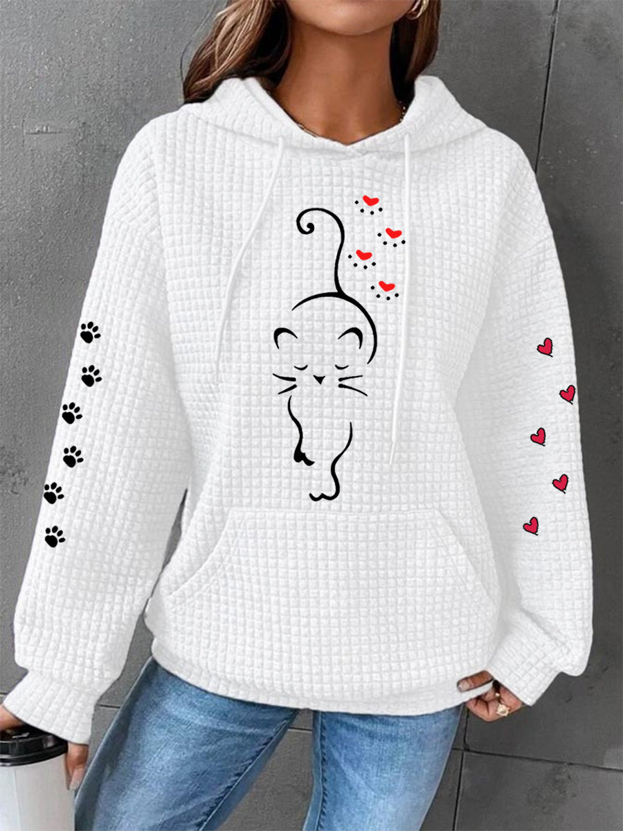 Women's Cute Cat Paw Hearts Print Cat Lovers Casual Waffle Hoodie gracestitchs