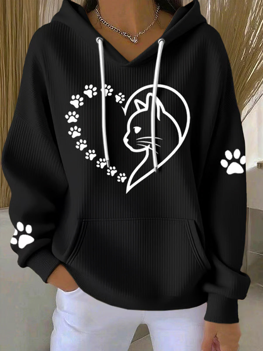 Women's Cute Cat Paws Heart Print Cat Lovers Casual Hoodie gracestitchs