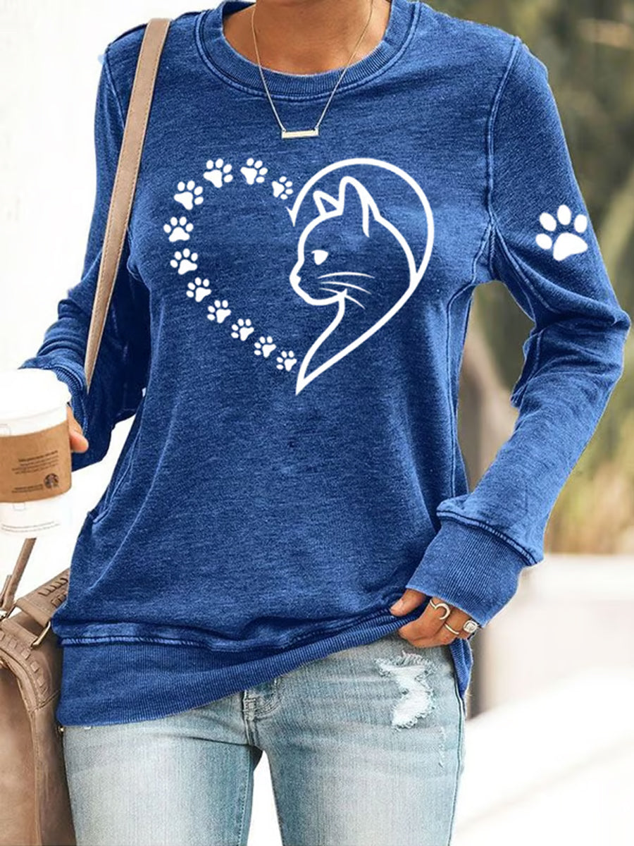 Women's Cute Cat Paws Heart Print Cat Lovers Casual Sweatshirt gracestitchs