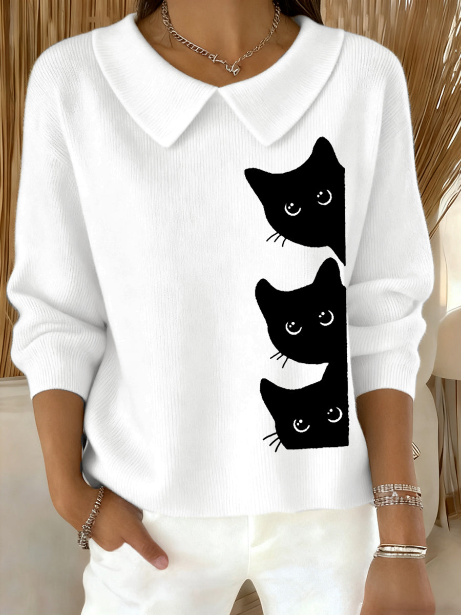 Women's Funny Cat Print Cat Lovers Casual Baby Doll Collar Top gracestitchs