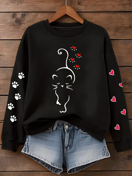 Women's Cute Cat Paw Hearts Print Cat Lovers Casual Sweatshirt gracestitchs