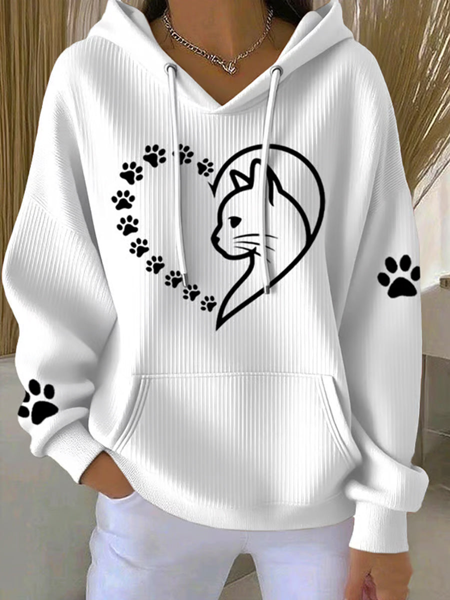 Women's Cute Cat Paws Heart Print Cat Lovers Casual Hoodie gracestitchs