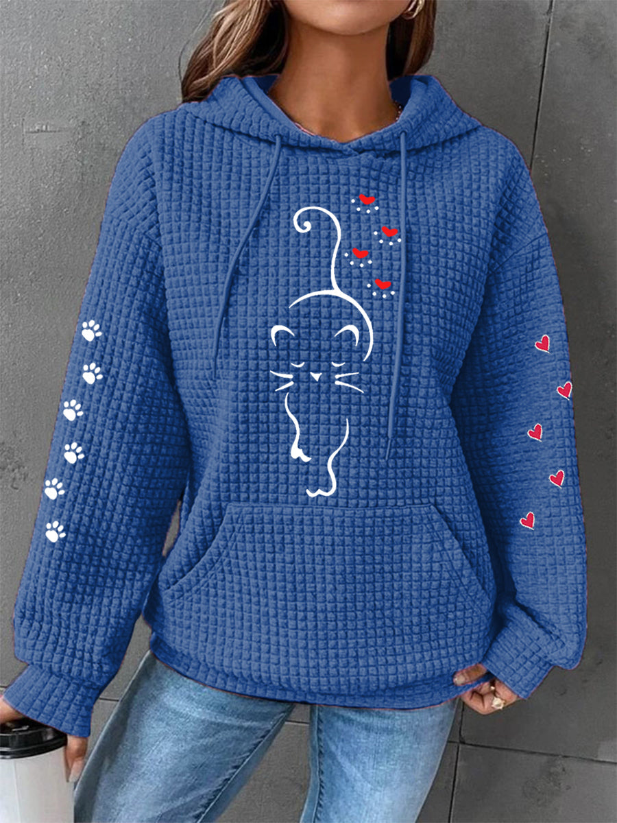 Women's Cute Cat Paw Hearts Print Cat Lovers Casual Waffle Hoodie gracestitchs