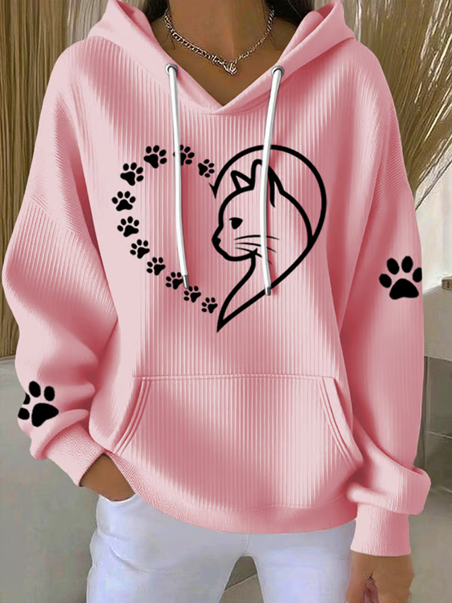Women's Cute Cat Paws Heart Print Cat Lovers Casual Hoodie gracestitchs