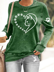 Women's Cute Cat Paws Heart Print Cat Lovers Casual Sweatshirt gracestitchs