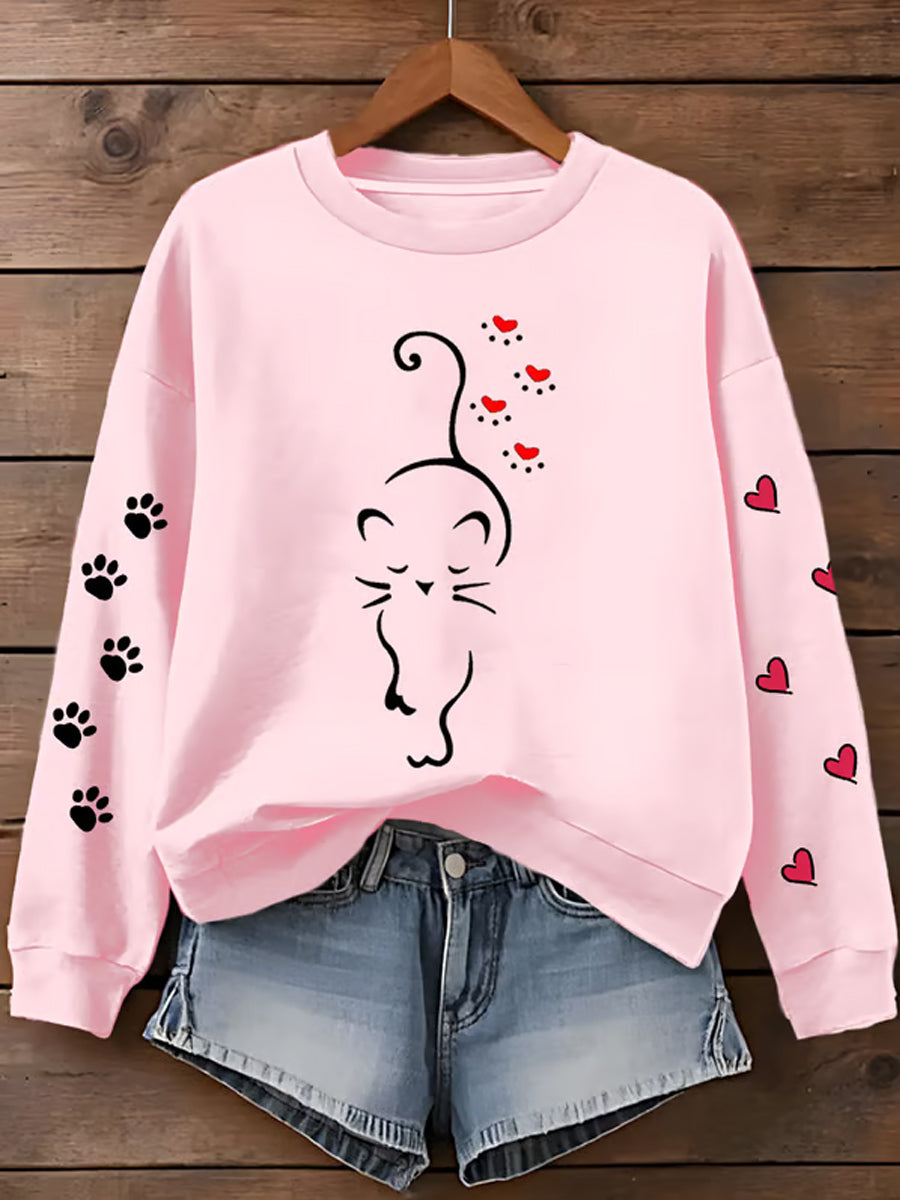 Women's Cute Cat Paw Hearts Print Cat Lovers Casual Sweatshirt gracestitchs