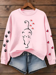 Women's Cute Cat Paw Hearts Print Cat Lovers Casual Sweatshirt gracestitchs