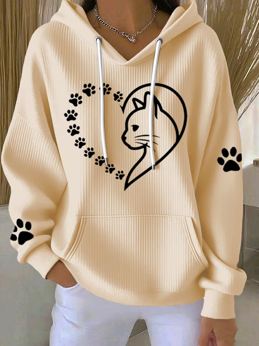 Women's Cute Cat Paws Heart Print Cat Lovers Casual Hoodie gracestitchs