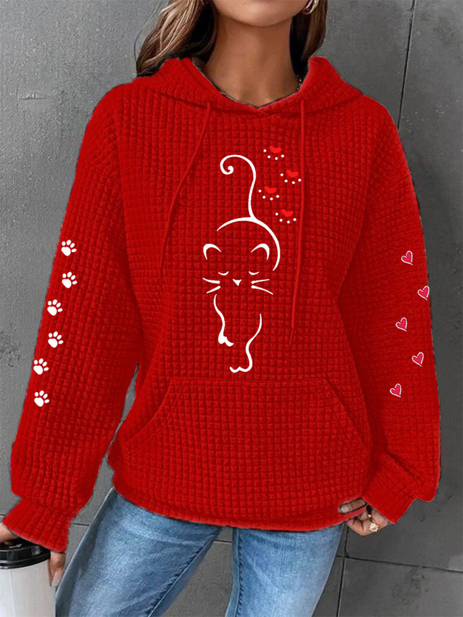 Women's Cute Cat Paw Hearts Print Cat Lovers Casual Waffle Hoodie gracestitchs