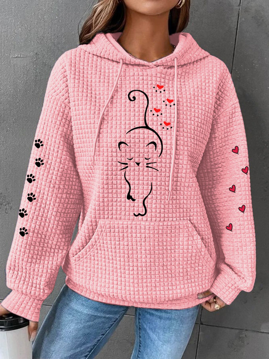 Women's Cute Cat Paw Hearts Print Cat Lovers Casual Waffle Hoodie gracestitchs
