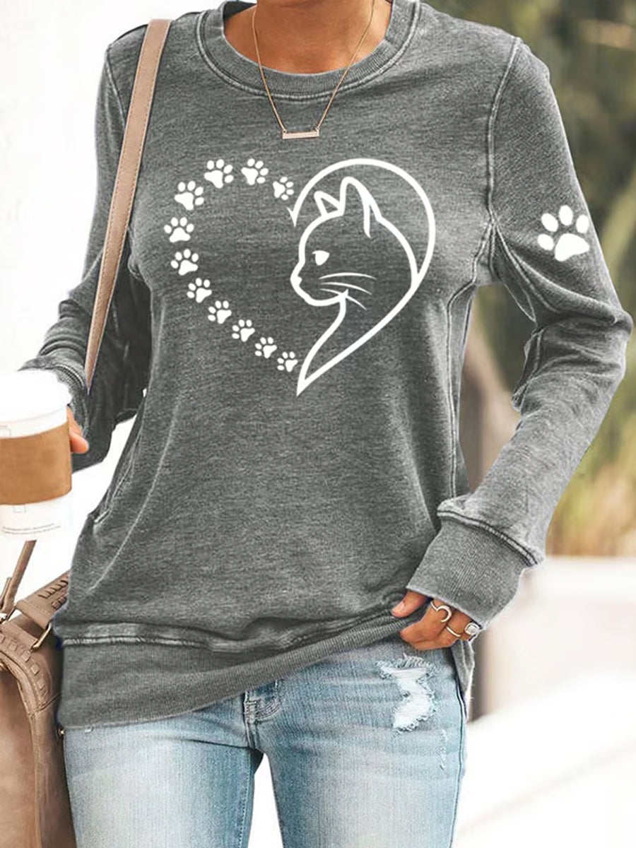 Women's Cute Cat Paws Heart Print Cat Lovers Casual Sweatshirt gracestitchs