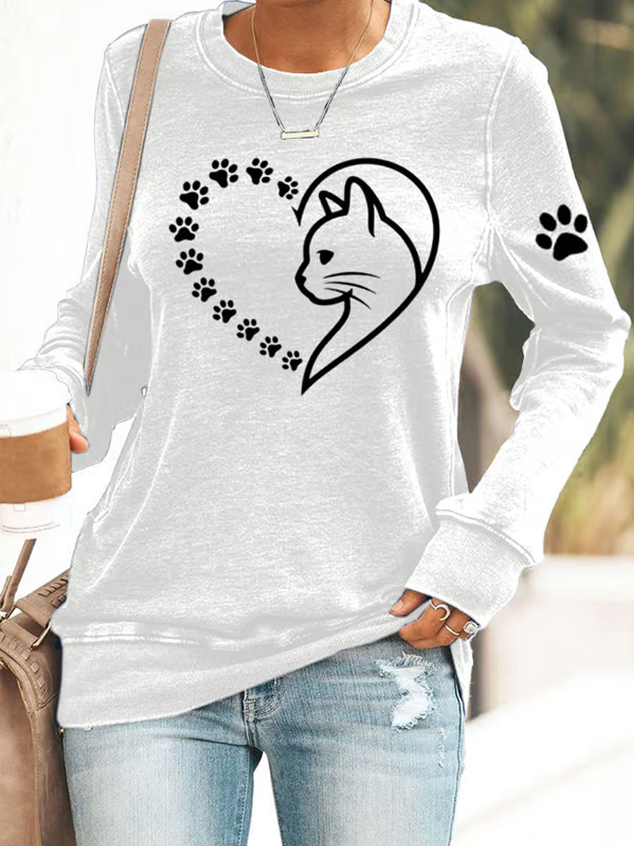Women's Cute Cat Paws Heart Print Cat Lovers Casual Sweatshirt gracestitchs