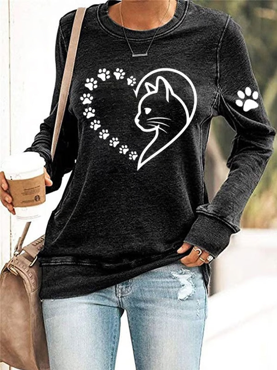 Women's Cute Cat Paws Heart Print Cat Lovers Casual Sweatshirt gracestitchs